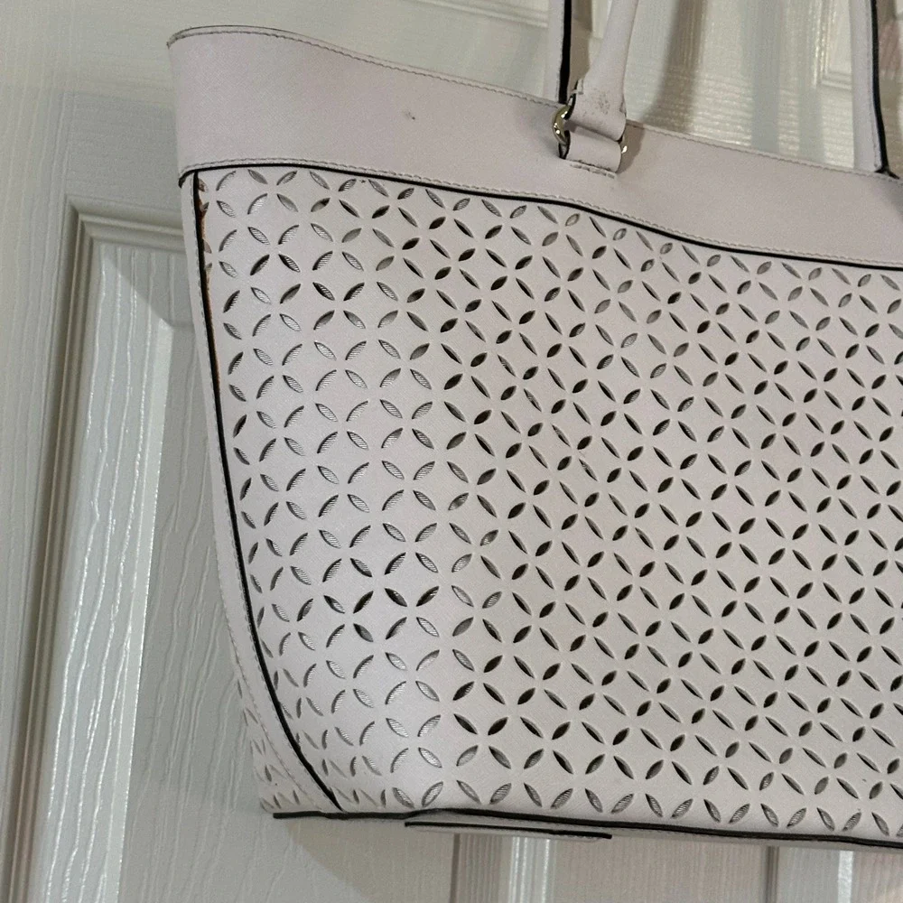 Kate Spade New York Pink Perforated Laser Cut Saffiano Leather Tote Bag Large